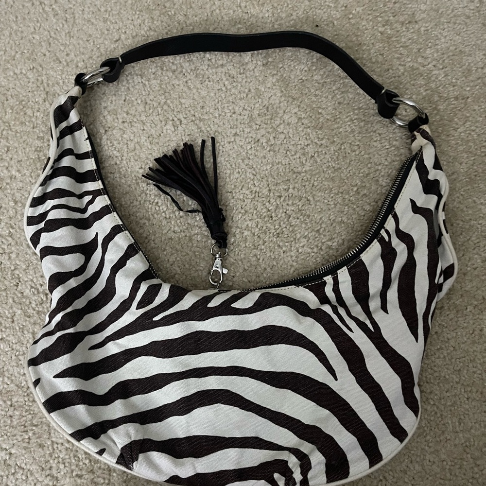 Vintage Brown and White Zebra Print Hobo Bag with fringe tassel